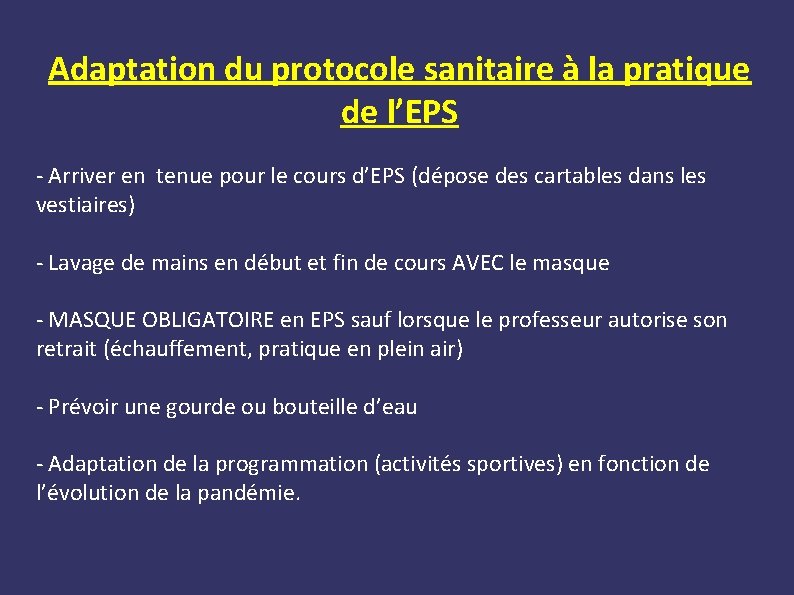Adaptation du protocole sanitaire à la pratique de l’EPS - Arriver en tenue pour