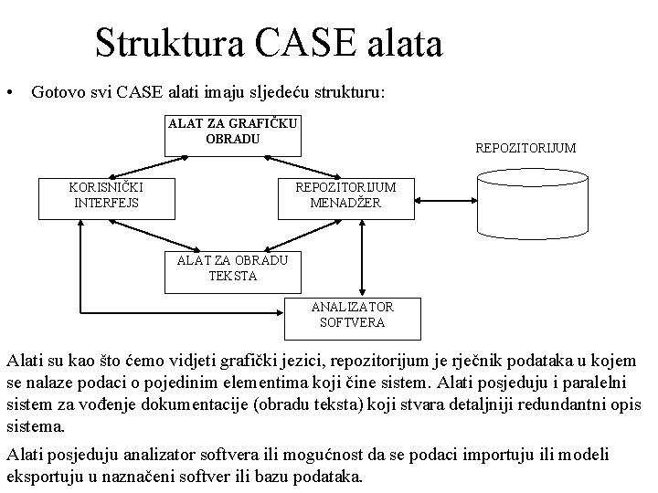 Struktura CASE alata • Gotovo svi CASE alati imaju sljedeću strukturu: ALAT ZA GRAFIČKU