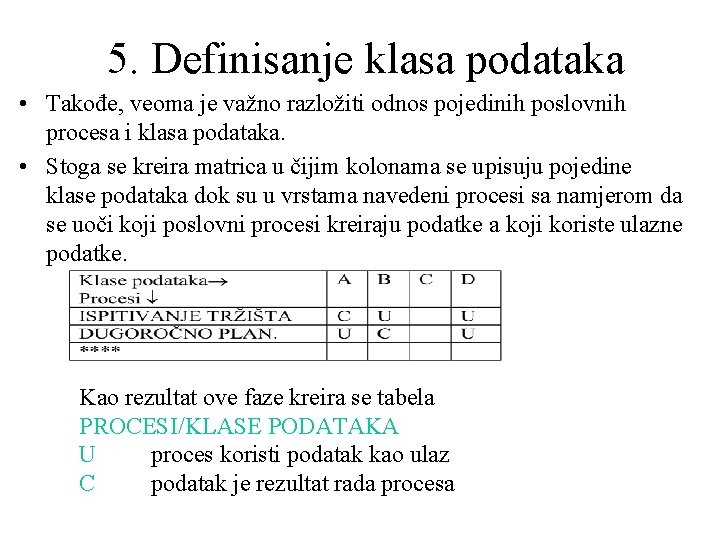 5. Definisanje klasa podataka • Takođe, veoma je važno razložiti odnos pojedinih poslovnih procesa