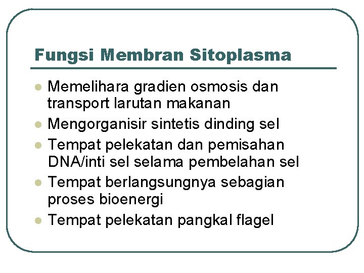 Fungsi Membran Sitoplasma l l l Memelihara gradien osmosis dan transport larutan makanan Mengorganisir