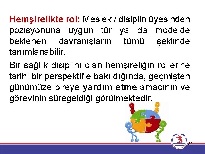 Hemşirelikte rol: Meslek / disiplin üyesinden pozisyonuna uygun tür ya da modelde beklenen davranışların