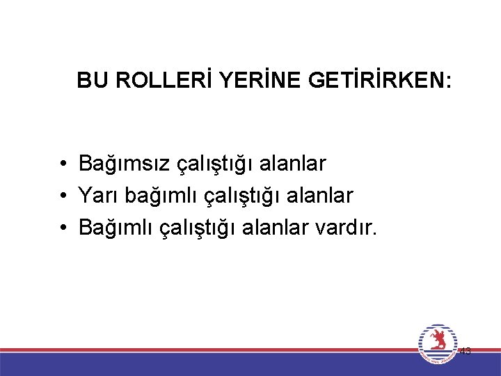 BU ROLLERİ YERİNE GETİRİRKEN: • Bağımsız çalıştığı alanlar • Yarı bağımlı çalıştığı alanlar •