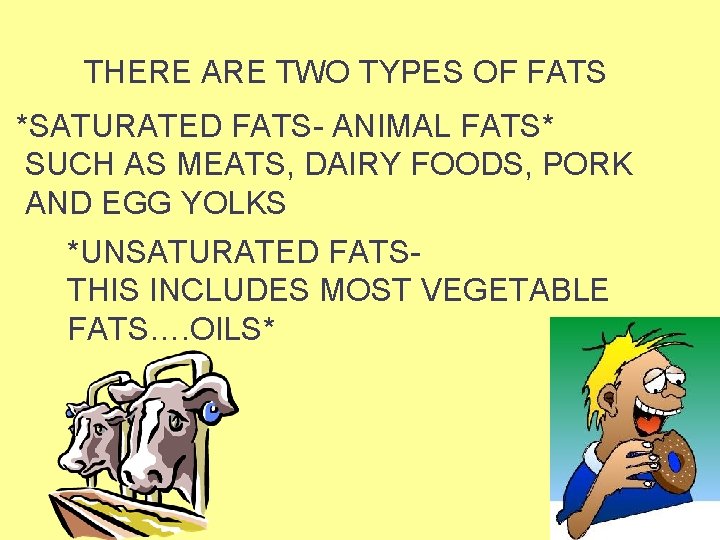 THERE ARE TWO TYPES OF FATS *SATURATED FATS- ANIMAL FATS* SUCH AS MEATS, DAIRY