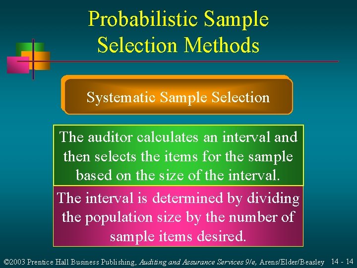 Probabilistic Sample Selection Methods Systematic Sample Selection The auditor calculates an interval and then