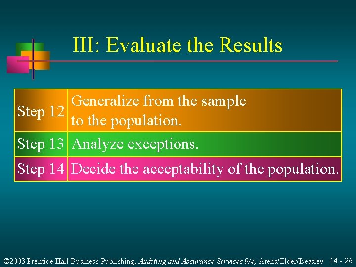 III: Evaluate the Results Generalize from the sample Step 12 to the population. Step