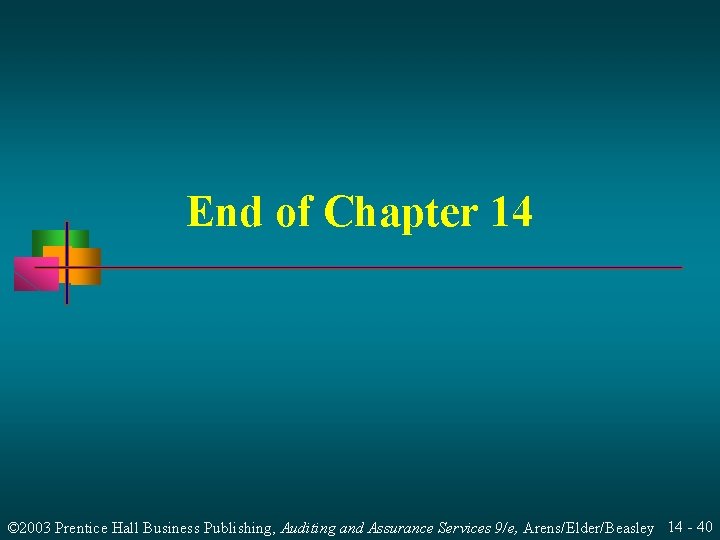 End of Chapter 14 © 2003 Prentice Hall Business Publishing, Auditing and Assurance Services