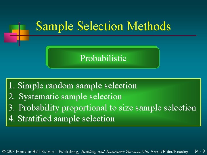 Sample Selection Methods Probabilistic 1. Simple random sample selection 2. Systematic sample selection 3.