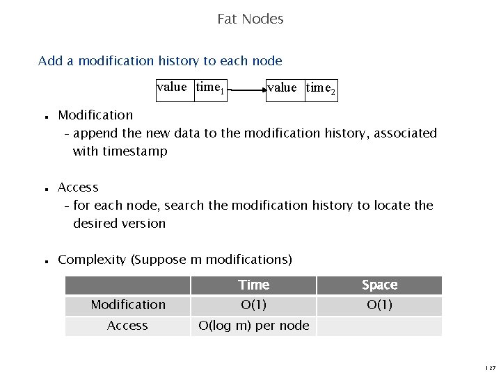 Fat Nodes Add a modification history to each node value time 1 n n