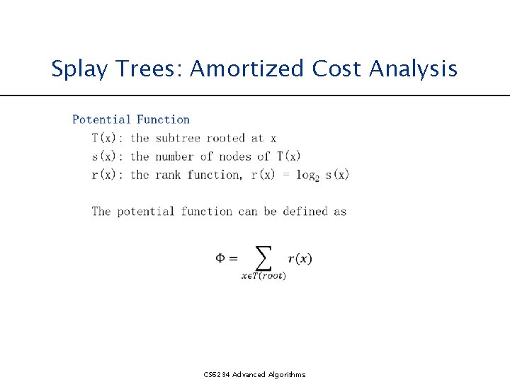 Splay Trees: Amortized Cost Analysis CS 6234 Advanced Algorithms 