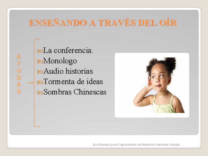 ENSEÑANDO A TRAVÉS DEL OÍR A Y U D A S La conferencia. Monologo ENSEÑANDO A TRAVÉS DEL OÍR A Y U D A S La conferencia. Monologo