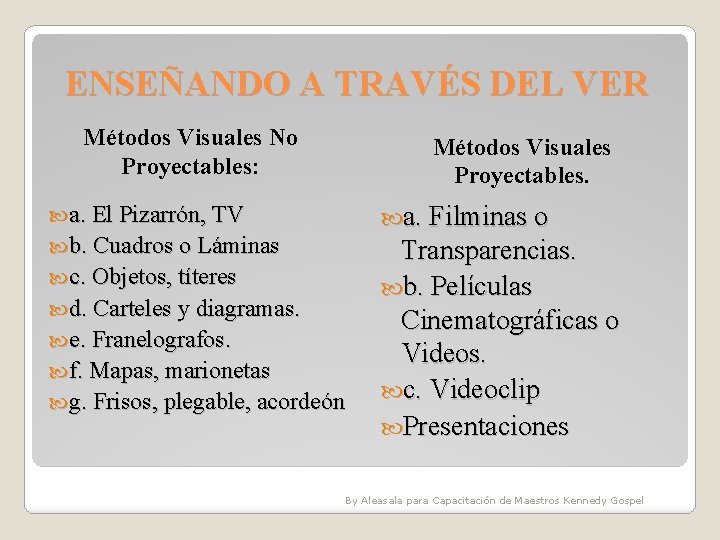 ENSEÑANDO A TRAVÉS DEL VER Métodos Visuales No Proyectables: Métodos Visuales Proyectables. a. El ENSEÑANDO A TRAVÉS DEL VER Métodos Visuales No Proyectables: Métodos Visuales Proyectables. a. El