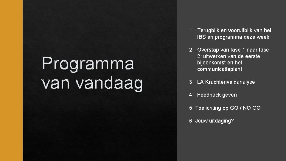 1. Terugblik en vooruitblik van het IBS en programma deze week Programma vandaag 2.