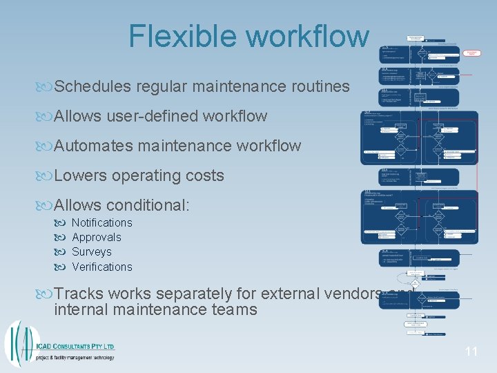 Flexible workflow Schedules regular maintenance routines Allows user-defined workflow Automates maintenance workflow Lowers operating