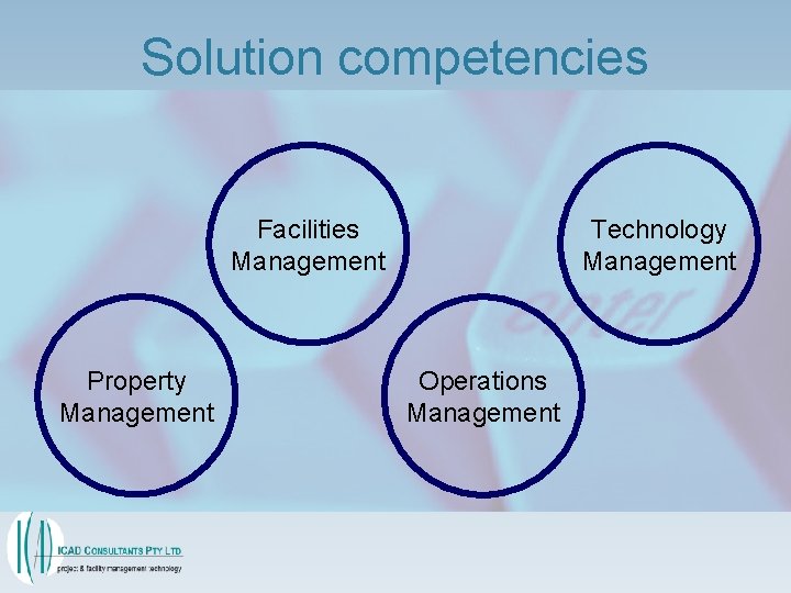 Solution competencies Facilities Management Property Management Technology Management Operations Management 