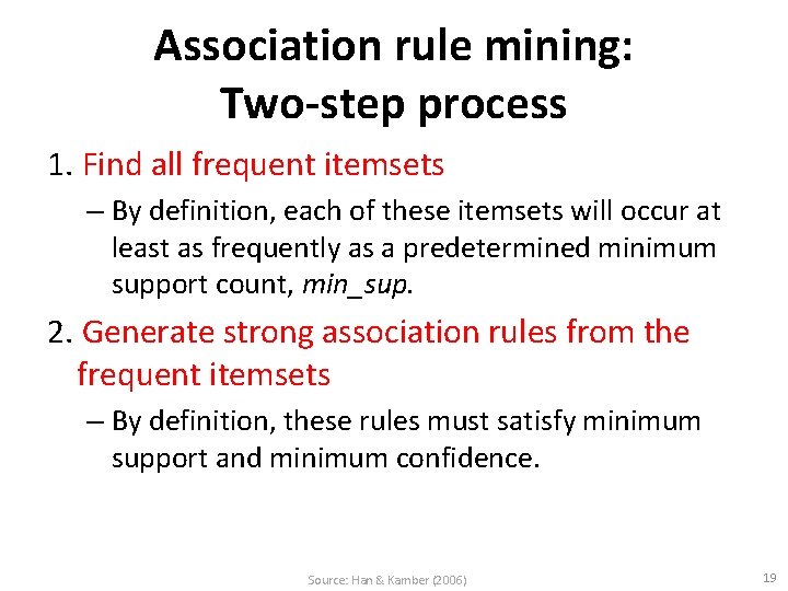 Association rule mining: Two-step process 1. Find all frequent itemsets – By definition, each