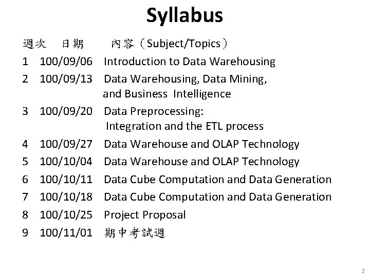 Syllabus 週次 日期 內容（Subject/Topics） 1 100/09/06 Introduction to Data Warehousing 2 100/09/13 Data Warehousing,