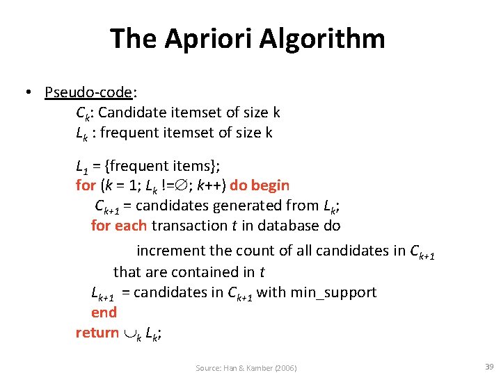 The Apriori Algorithm • Pseudo-code: Ck: Candidate itemset of size k Lk : frequent