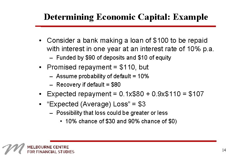 Determining Economic Capital: Example • Consider a bank making a loan of $100 to