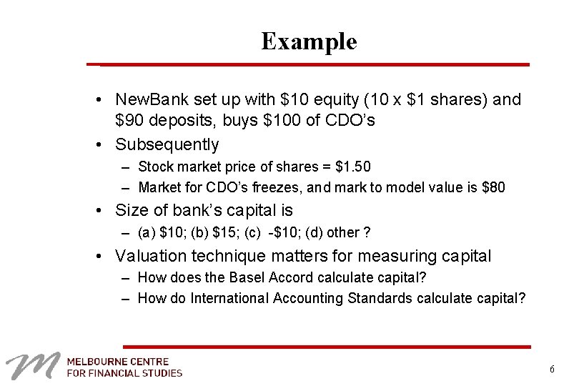 Example • New. Bank set up with $10 equity (10 x $1 shares) and