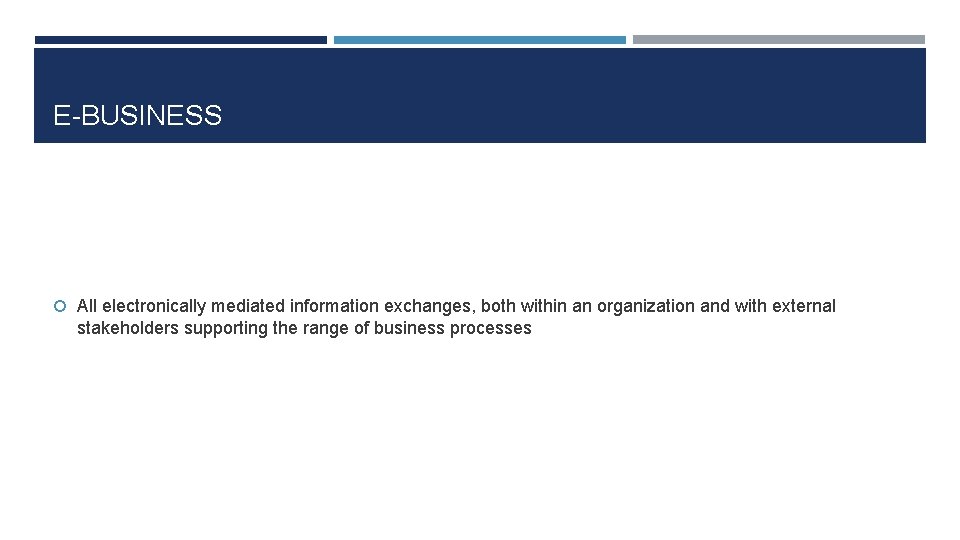 E-BUSINESS All electronically mediated information exchanges, both within an organization and with external stakeholders