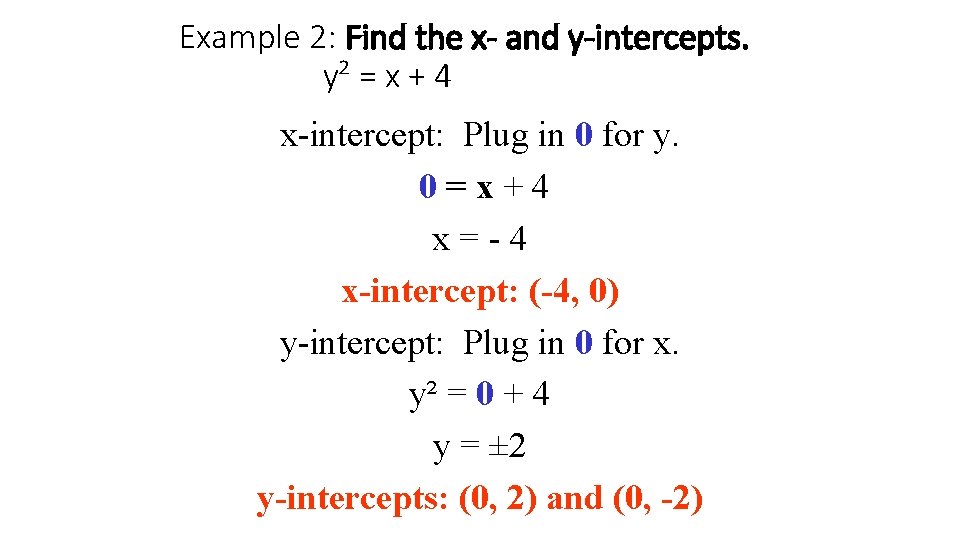 Example 2: Find the x- and y-intercepts. y² = x + 4 x-intercept: Plug