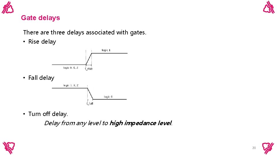 Gate delays There are three delays associated with gates. • Rise delay • Fall Gate delays There are three delays associated with gates. • Rise delay • Fall