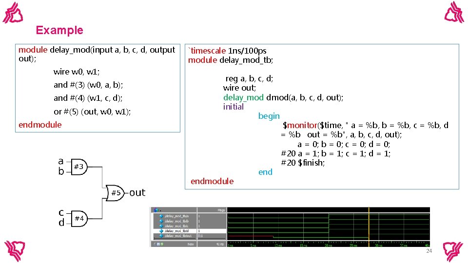 Example module delay_mod(input a, b, c, d, output out); wire w 0, w 1; Example module delay_mod(input a, b, c, d, output out); wire w 0, w 1;