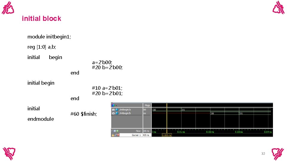 initial block module initbegin 1; reg [1: 0] a, b; initial begin end initial
