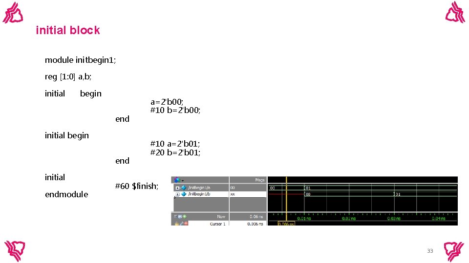 initial block module initbegin 1; reg [1: 0] a, b; initial begin end initial