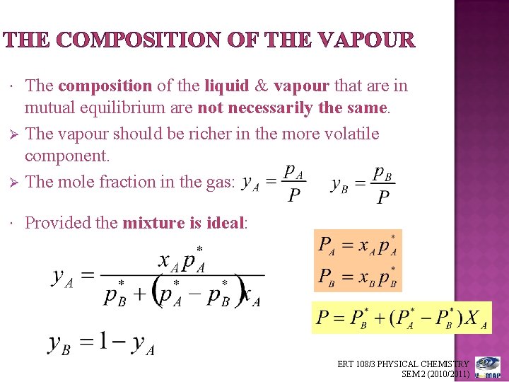 THE COMPOSITION OF THE VAPOUR The composition of the liquid & vapour that are