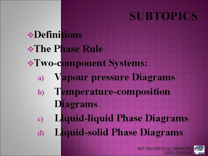 SUBTOPICS v. Definitions v. The Phase Rule v. Two-component Systems: a) Vapour pressure Diagrams