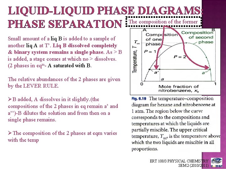LIQUID-LIQUID PHASE DIAGRAMS: The composition of the former PHASE SEPARATION Small amount of a