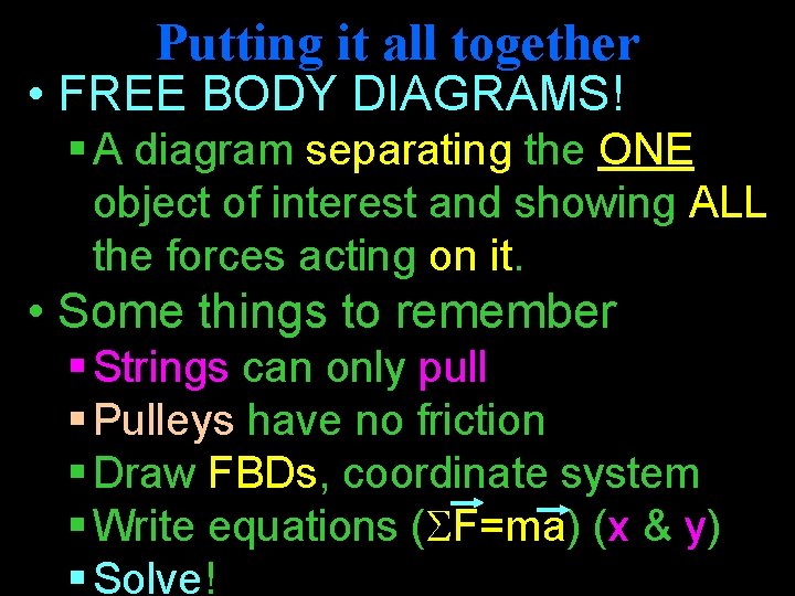 Putting it all together • FREE BODY DIAGRAMS! § A diagram separating the ONE