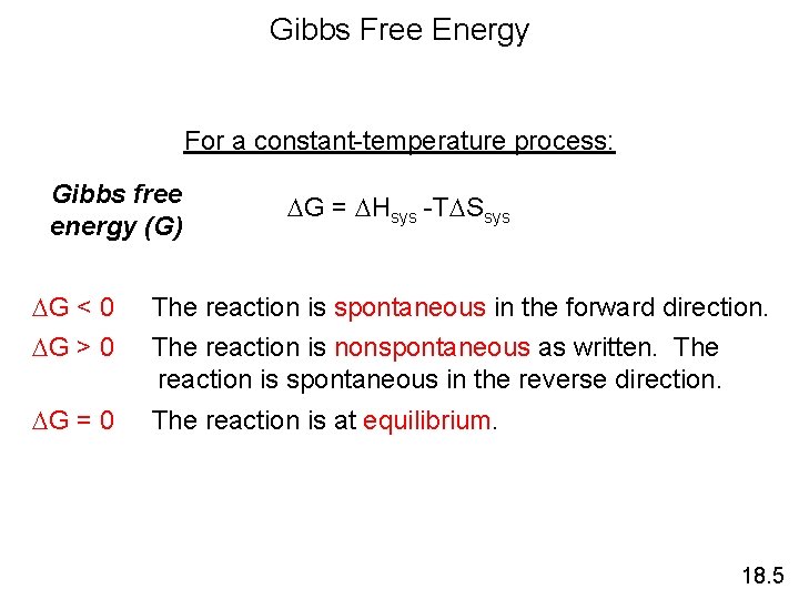 Gibbs Free Energy For a constant-temperature process: Gibbs free energy (G) DG = DHsys