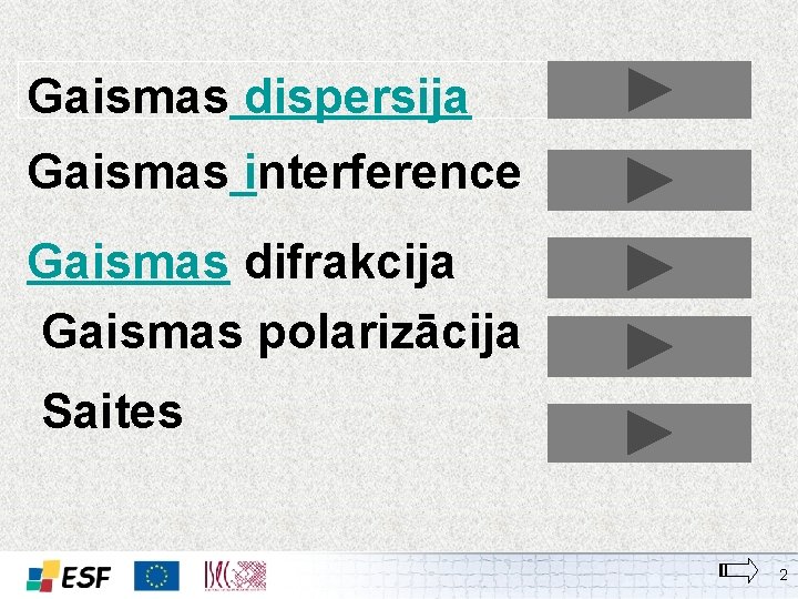 Gaismas dispersija Gaismas interference Gaismas difrakcija Gaismas polarizācija Saites 2 