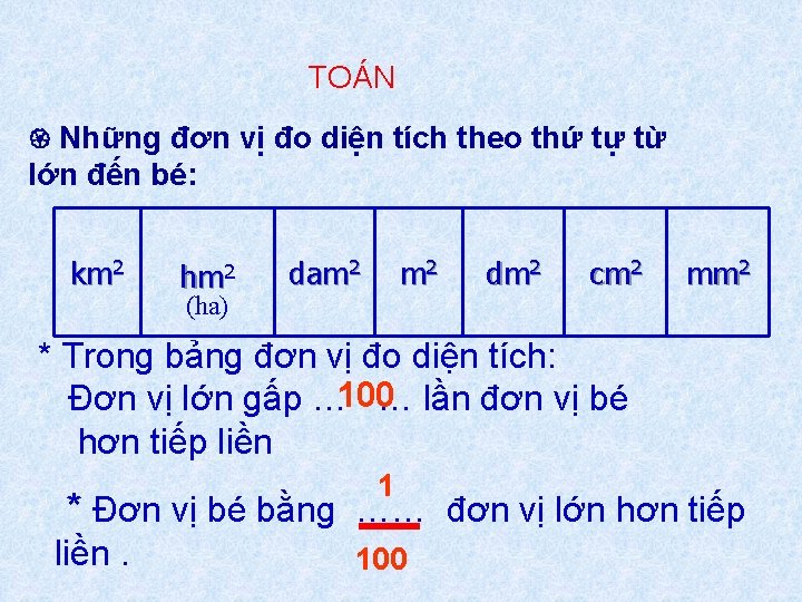 TOÁN Những đơn vị đo diện tích theo thứ tự từ lớn đến bé: