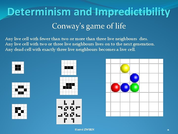 Determinism and Impredictibility Conway’s game of life Any live cell with fewer than two