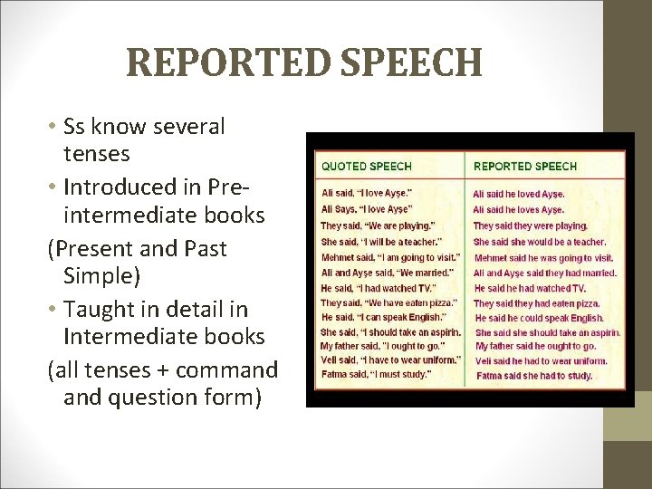 REPORTED SPEECH • Ss know several tenses • Introduced in Preintermediate books (Present and