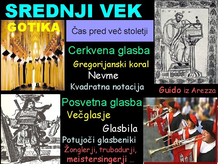 SREDNJI VEK GOTIKA Čas pred več stoletji Cerkvena glasba Gregorijanski koral Nevme Kvadratna notacija