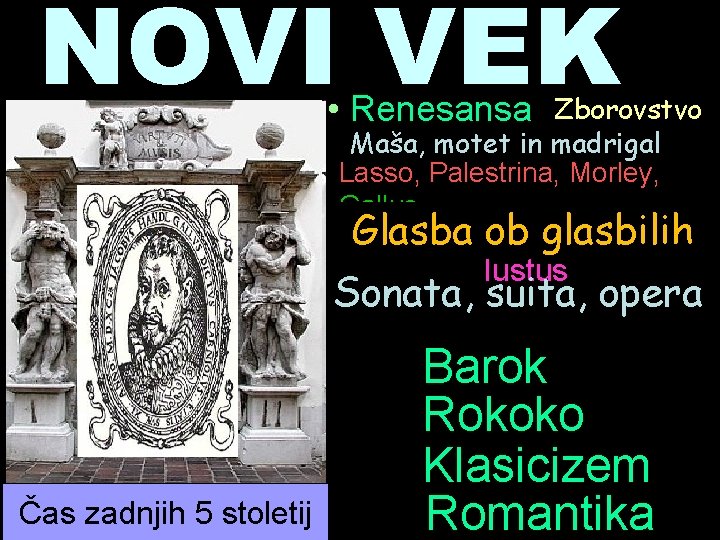 NOVI VEK Zborovstvo Maša, motet in madrigal Lasso, Palestrina, Morley, Gallus • Renesansa Ecce