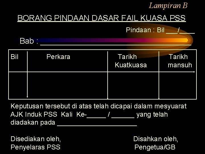 Lampiran B BORANG PINDAAN DASAR FAIL KUASA PSS Pindaan : Bil ___/____ Bab :