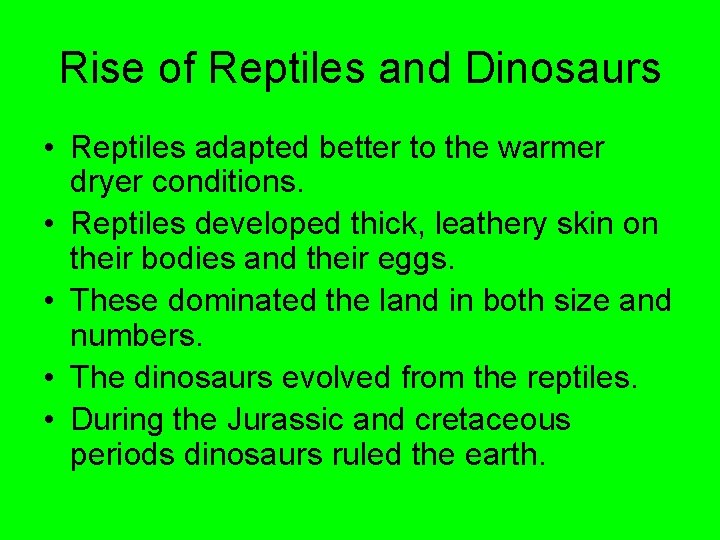 Rise of Reptiles and Dinosaurs • Reptiles adapted better to the warmer dryer conditions.