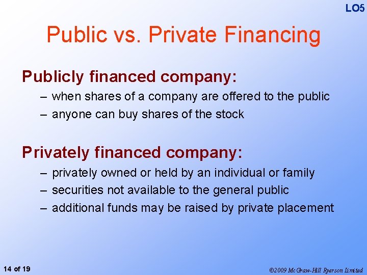 LO 5 Public vs. Private Financing Publicly financed company: – when shares of a