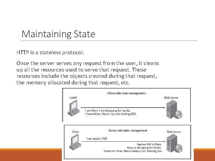 Maintaining State HTTP is a stateless protocol. Once the server serves any request from