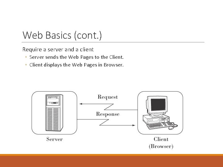 Web Basics (cont. ) Require a server and a client ◦ Server sends the