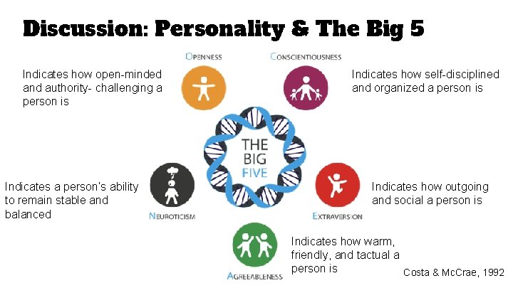 Discussion: Personality & The Big 5 Indicates how open-minded and authority- challenging a person Discussion: Personality & The Big 5 Indicates how open-minded and authority- challenging a person
