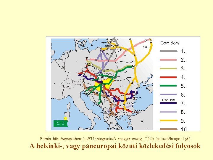 Forrás: http: //www. khvm. hu/EU-integracio/A_magyarorszagi_TINA_halozat/Image 11. gif A helsinki-, vagy páneurópai közúti közlekedési folyosók