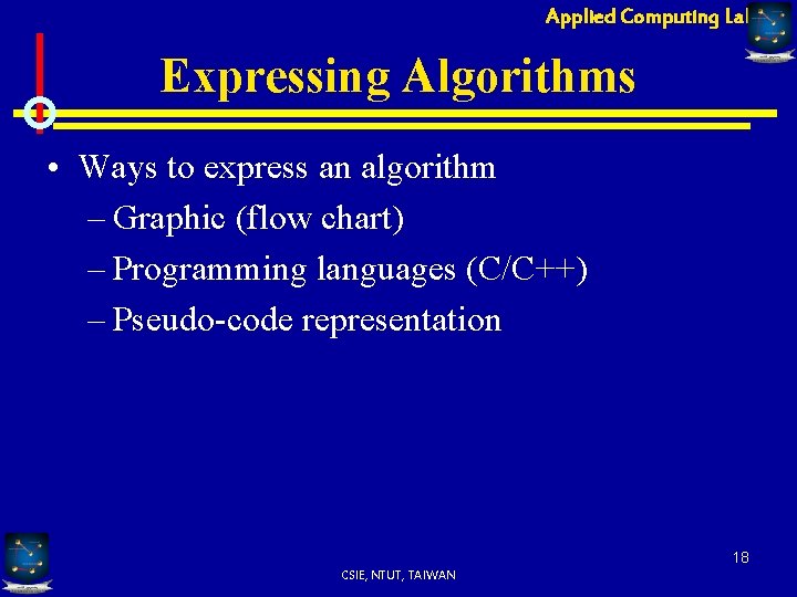 Applied Computing Lab Expressing Algorithms • Ways to express an algorithm – Graphic (flow