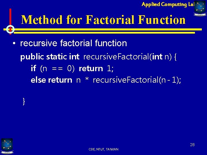 Applied Computing Lab Method for Factorial Function • recursive factorial function public static int