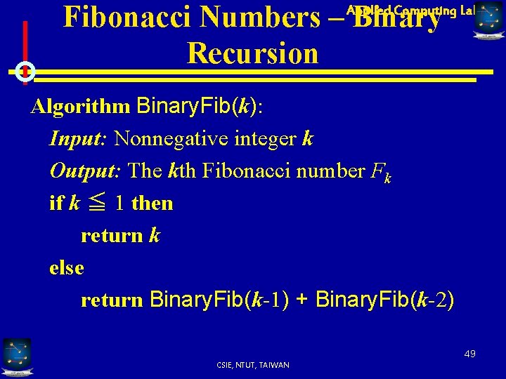 Fibonacci Numbers – Binary Recursion Applied Computing Lab Algorithm Binary. Fib(k): Input: Nonnegative integer